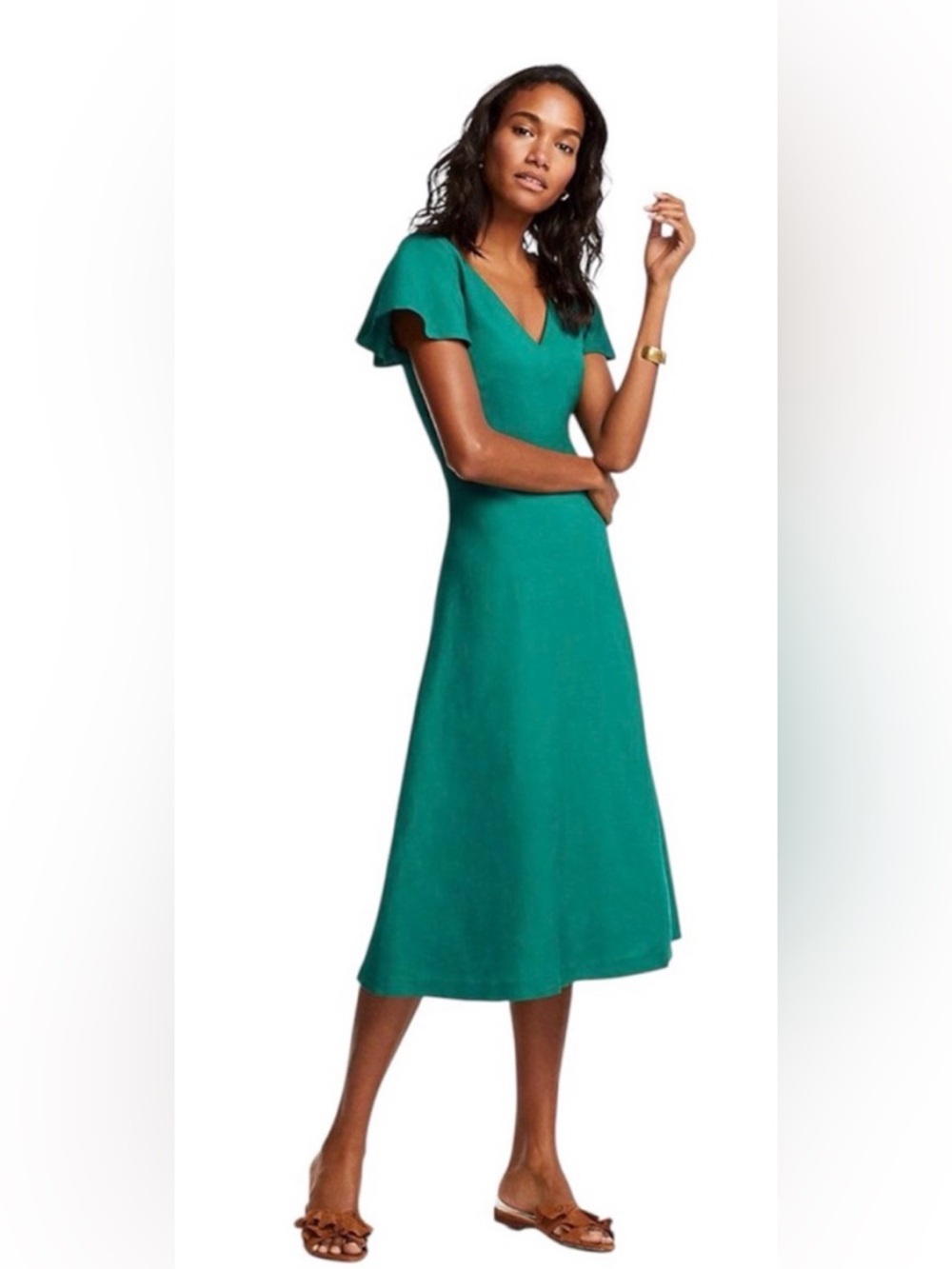Ann Taylor Emerald V-Neck Flutter Sleeve Midi Dress